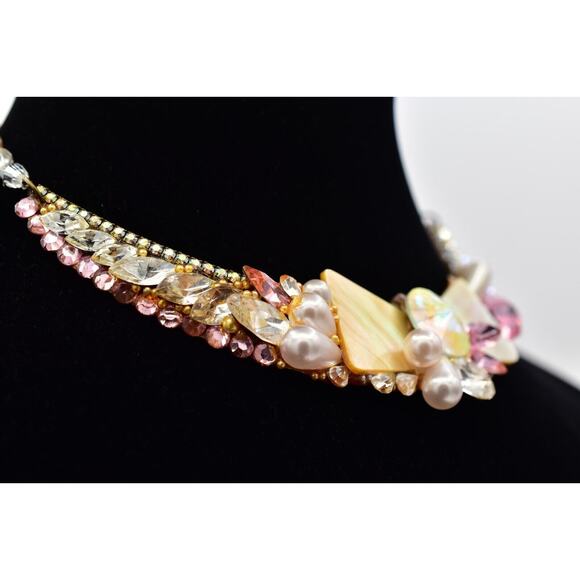 Wendy Gell Vintage Collar Necklace Cluster Pink AB Crystal Pearl Signed 80s BinN - Picture 6 of 12